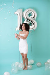 IWERP 18th birthday decor with silver balloon on wall creates elegant party focal point