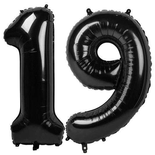 IWERP 40-inch black 19 balloon creates a bold birthday backdrop for photos.