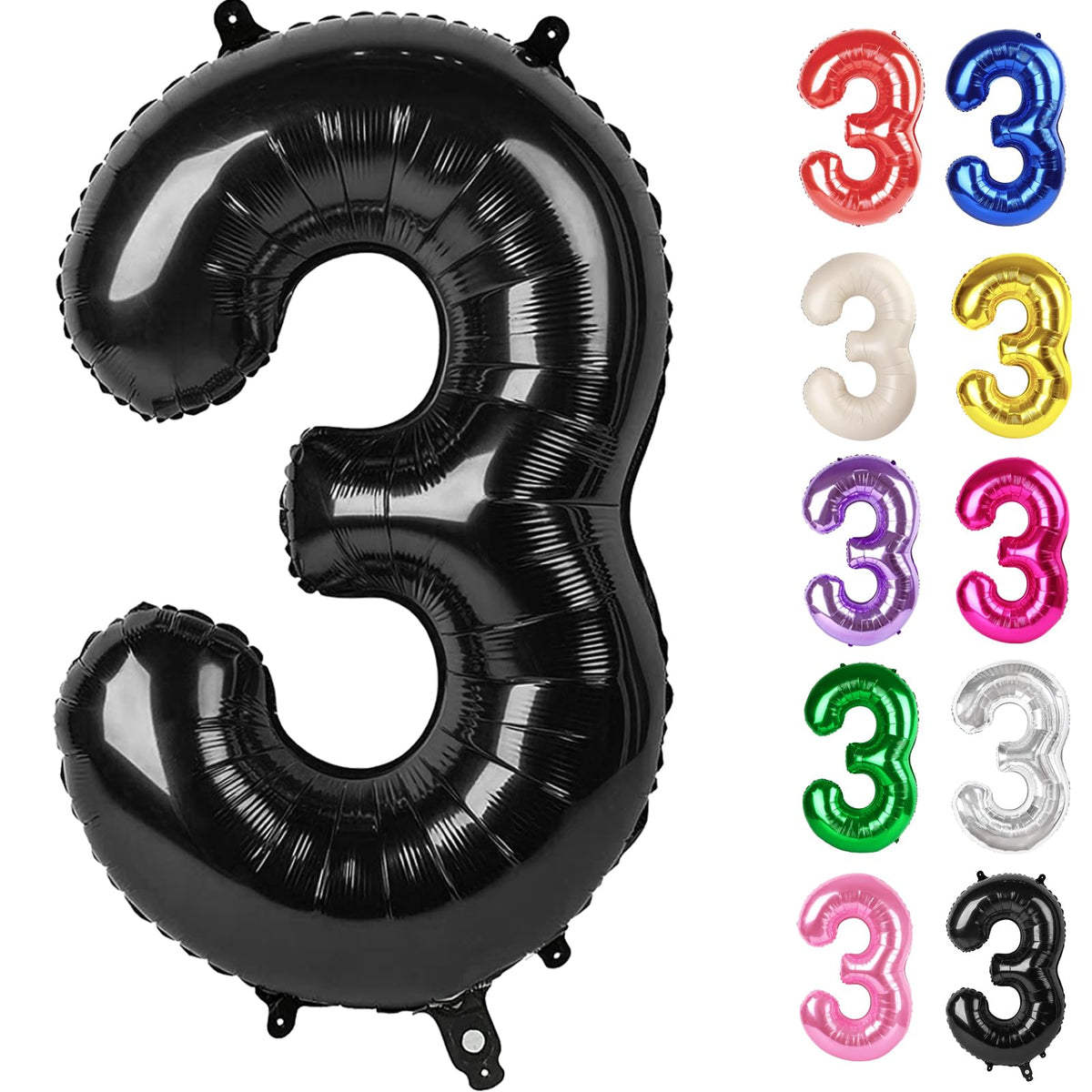 IWERP Black Number 3 Balloon 40-inch front view for striking third birthday decor