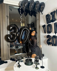 IWERP Black Number 30 balloon inflated closeup, shows reflective foil shine.