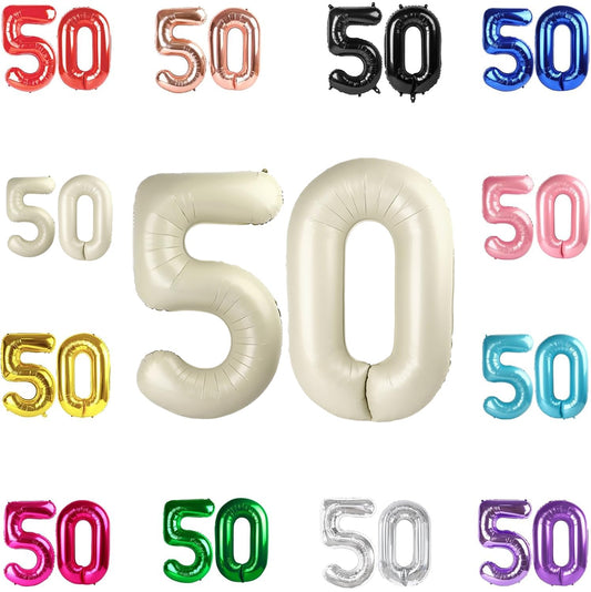 IWERP cream 50th birthday balloon, 40-inch focal piece for photo backdrops.