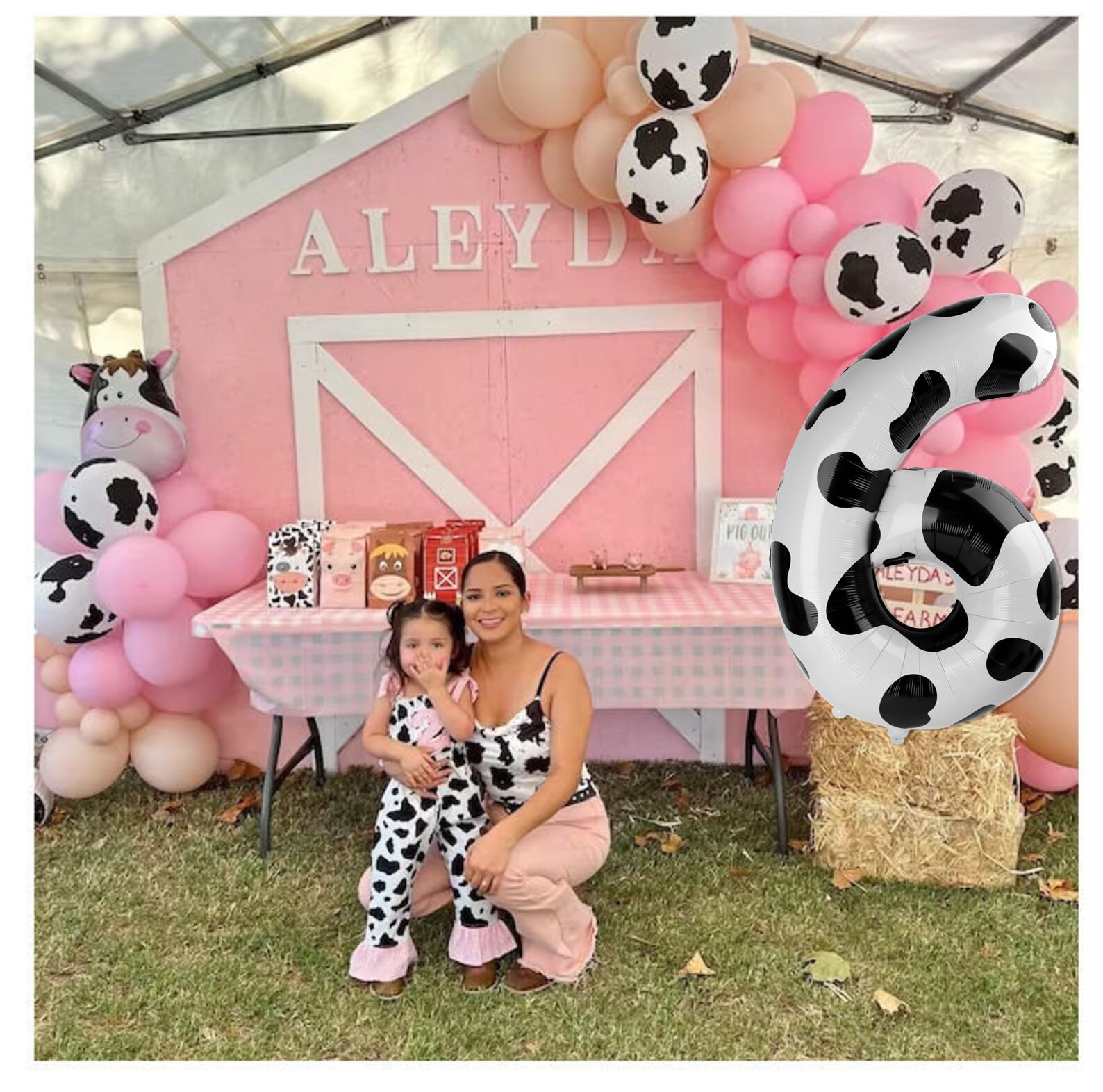 IWERP Farm-themed decor supports cohesive 8th birthday displays with the cow print balloon.