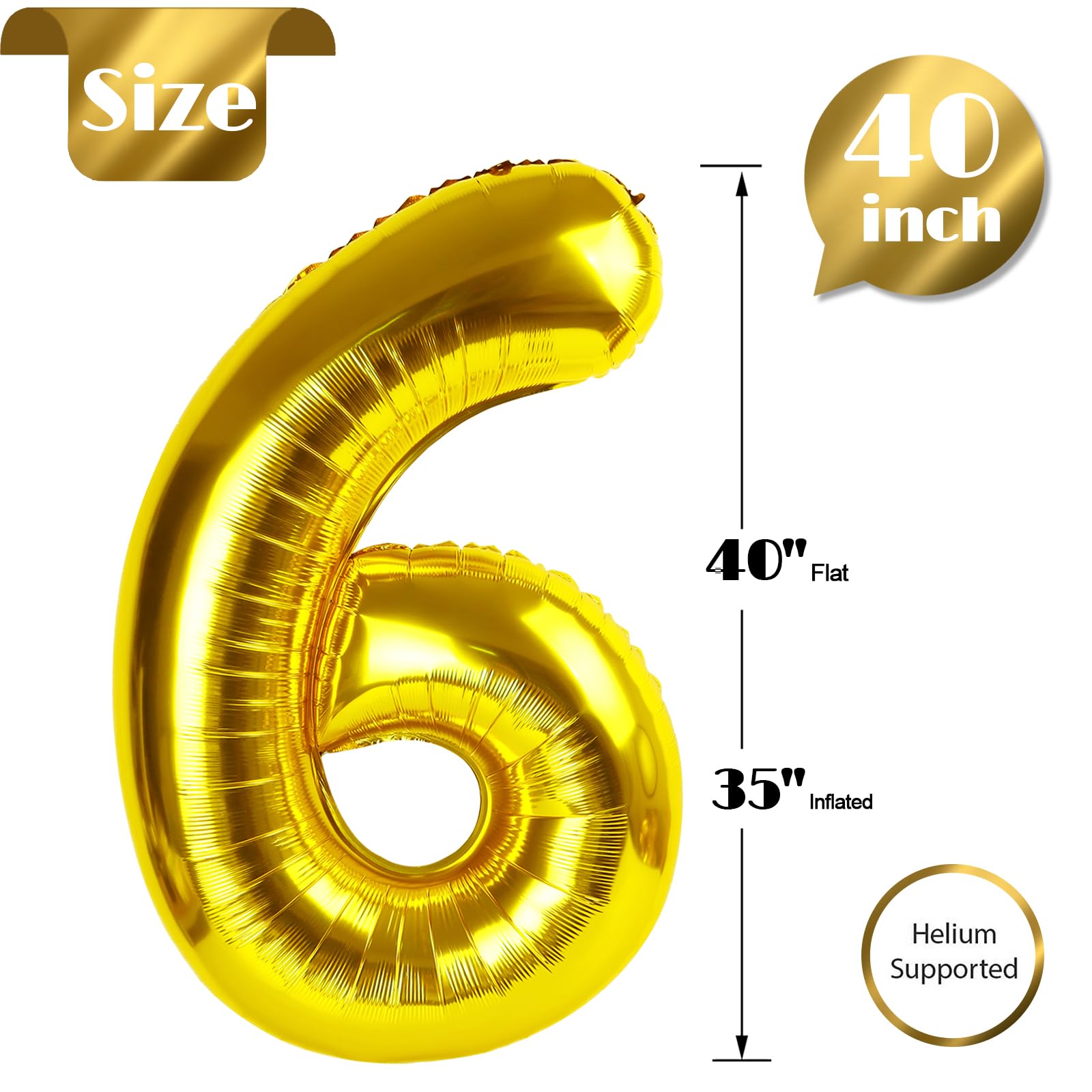 IWERP gold number 6 balloon close-up shows durable material and shimmering sheen.