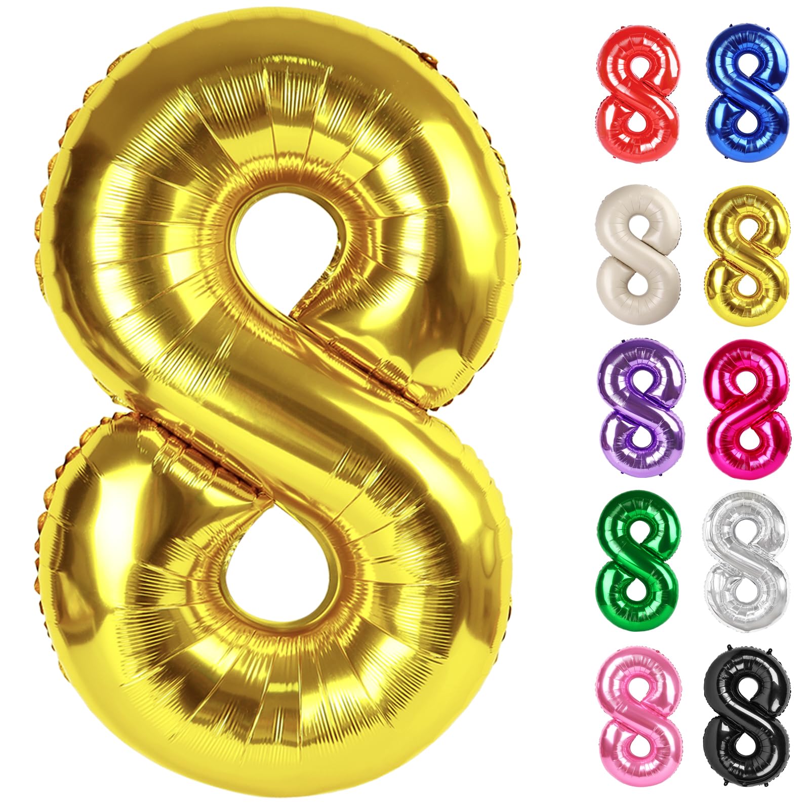 IWERP gold number 8 balloon, 40-inch front view, ideal birthday centerpiece.