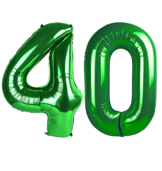 IWERP green number 40 balloon creates a bold centerpiece for 40th birthday photos.