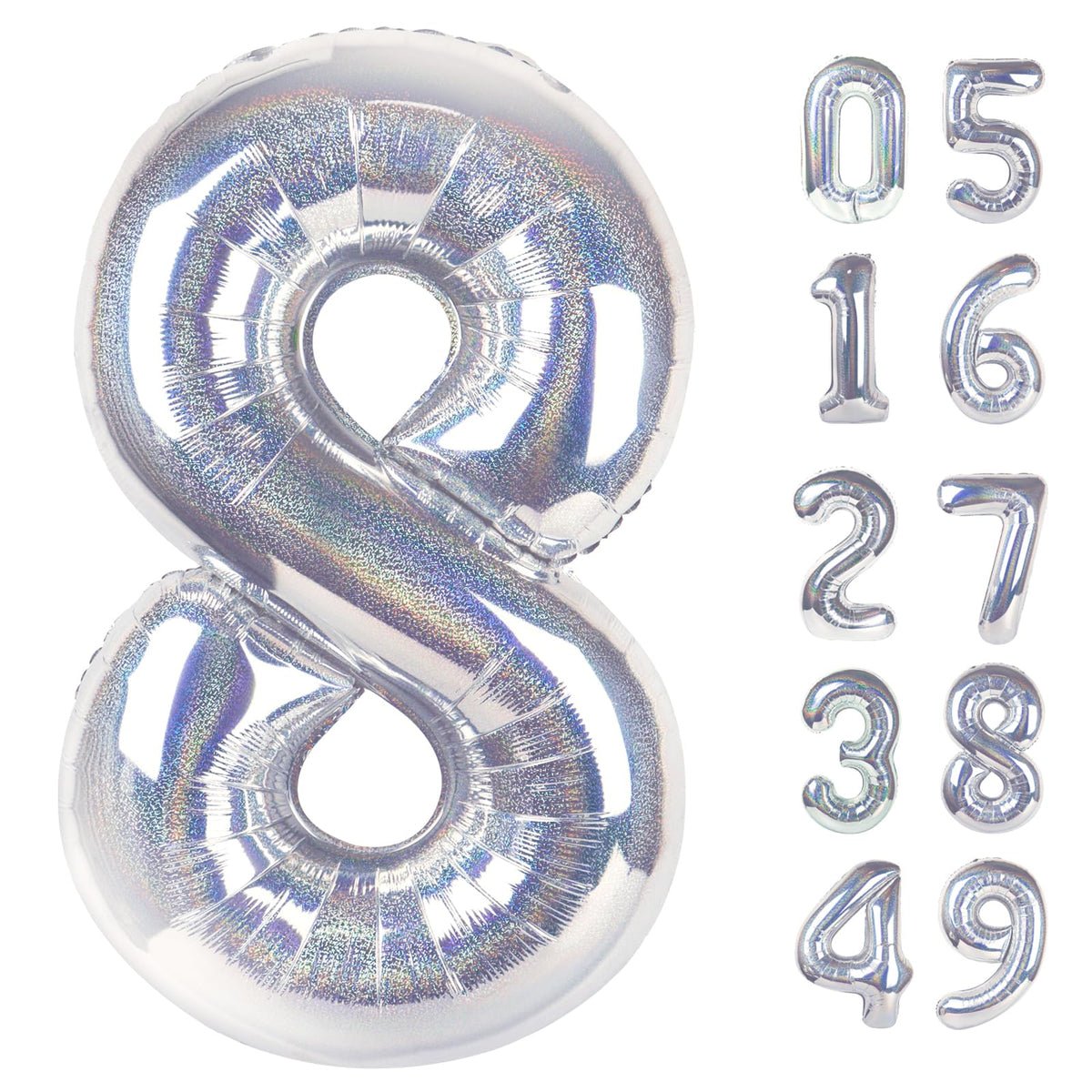 IWERP Laser Silver 8-balloon 40-inch front view creates a glamorous photo backdrop.