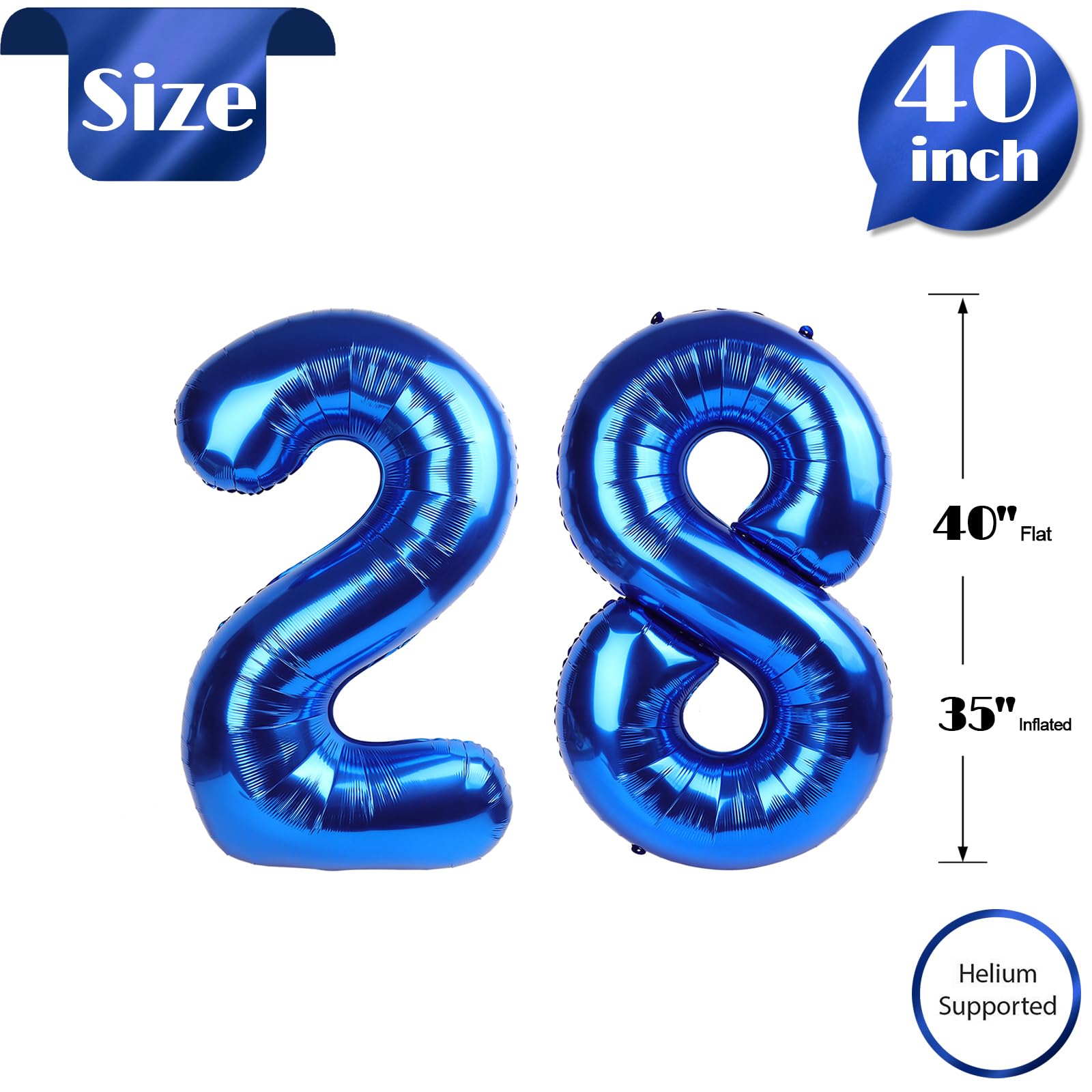 IWERP navy blue 28-number balloon, 40-inch, close-up finish showing foil shine