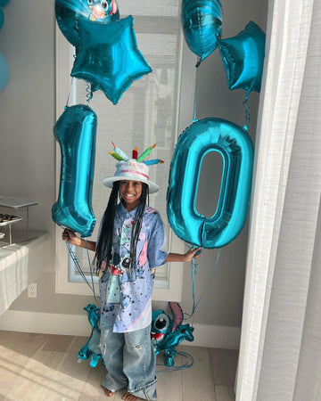 IWERP blue 0 number balloon in a festive party setup with other decor.