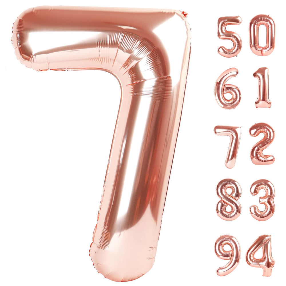 IWERP Rose Gold 7 Balloon 40in creates a striking birthday photo backdrop.