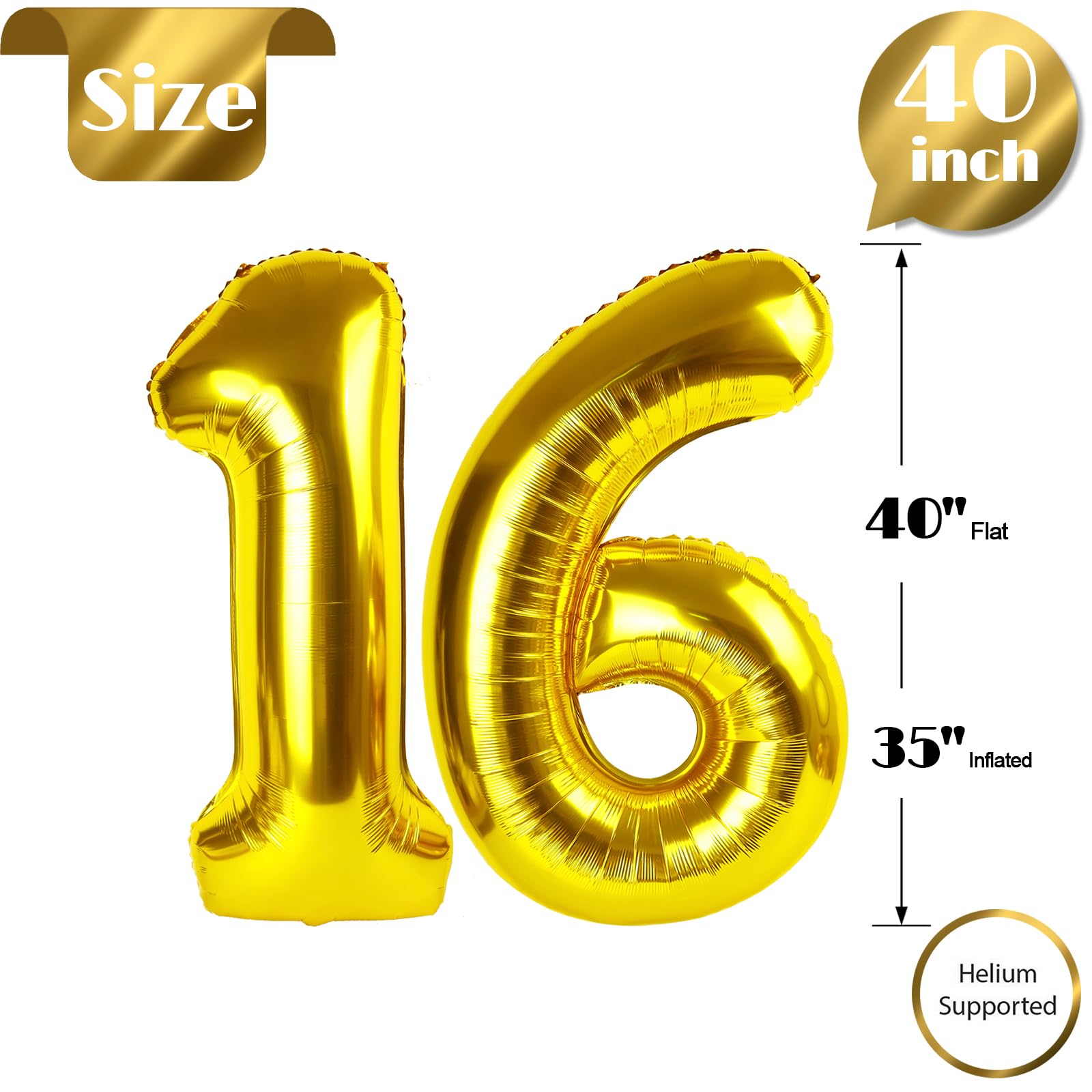 IWERP self-sealing gold 16th birthday balloon for easy storage and reuse