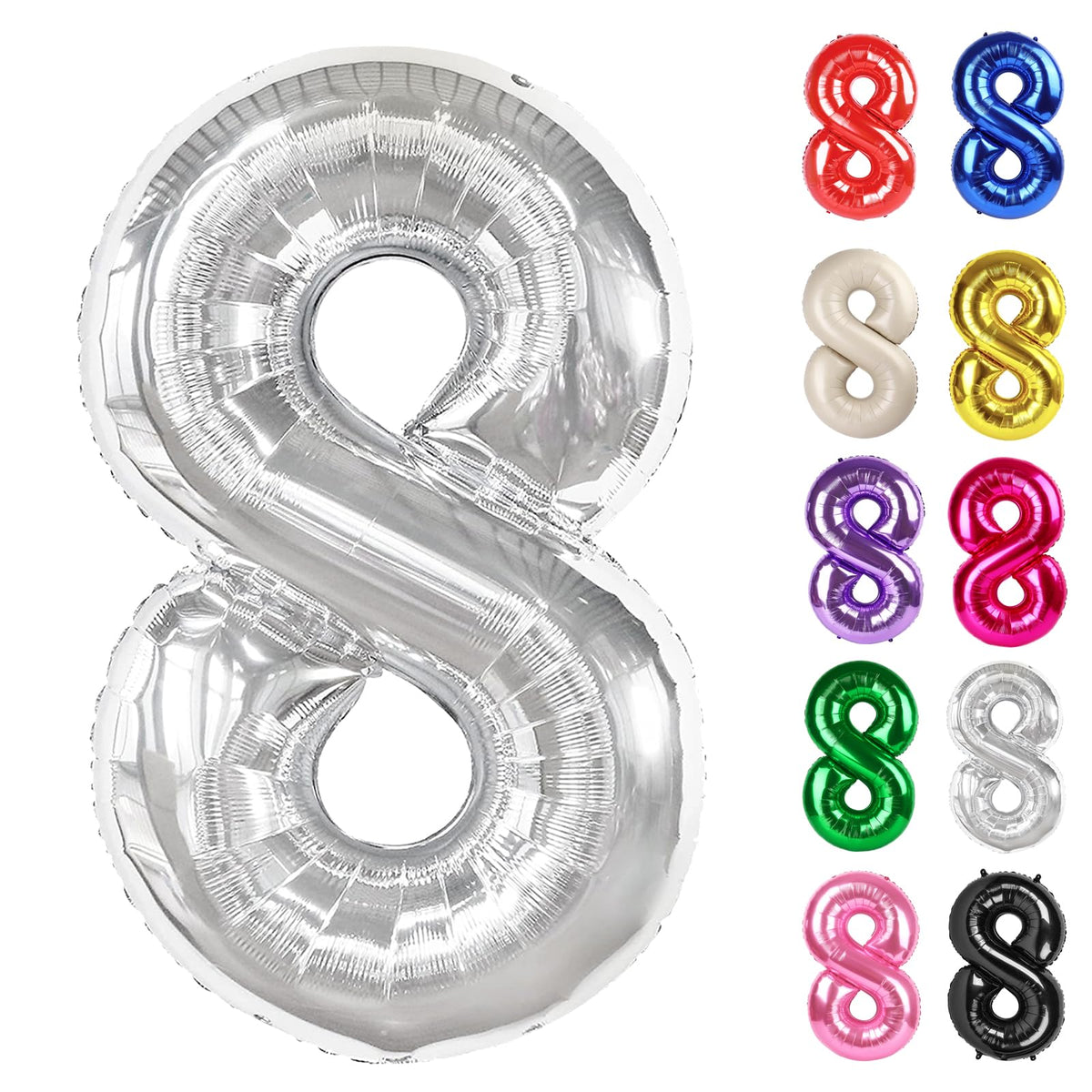 IWERP Silver 8-balloon 40-inch centerpiece for elegant birthday photos.