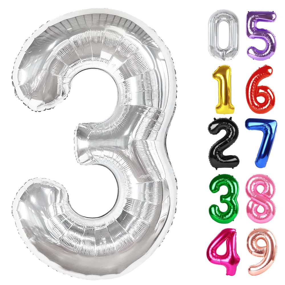 IWERP silver Number 3 balloon, 40-inch, ideal for dramatic birthday photo backdrop.