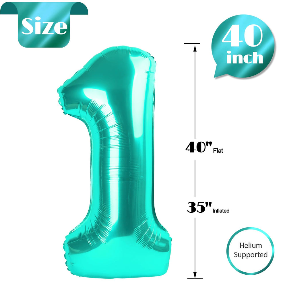 IWERP Teal Number 1 Balloon hanging option creates floating or grounded display.