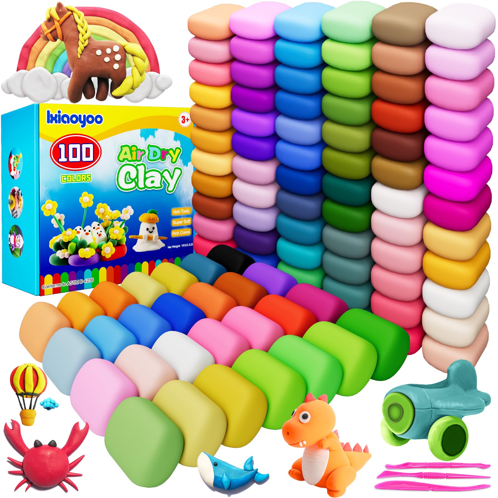 Ixiaoyoo air dry clay in 100 colors set for kids' crafts and creativity