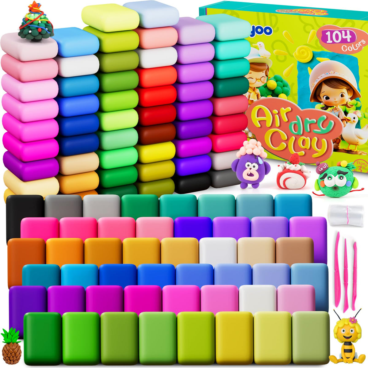 Ixiaoyoo air-dry clay in 104 colors for vibrant, kid-friendly projects.