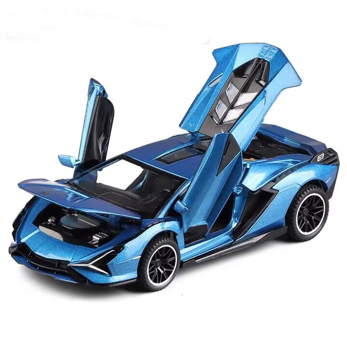 IYEAM Lambo Sian FKP3 blue die-cast car with lights supports imaginative play.