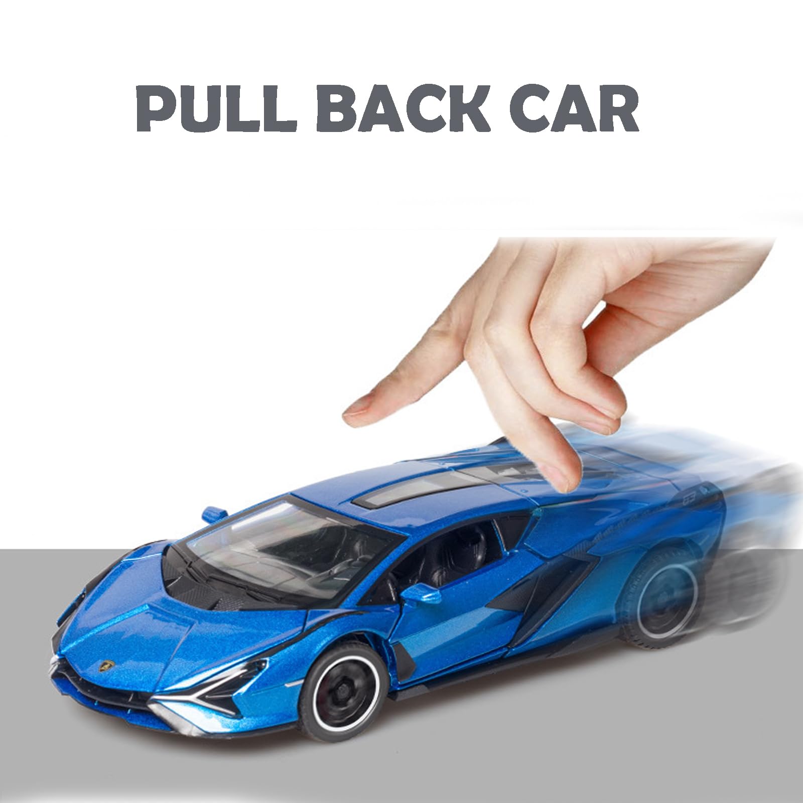 IYEAM Lambo Sian FKP3 blue die-cast car with opening doors for interactive learning.