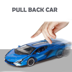 IYEAM Lambo Sian FKP3 blue die-cast car with opening doors for interactive learning.