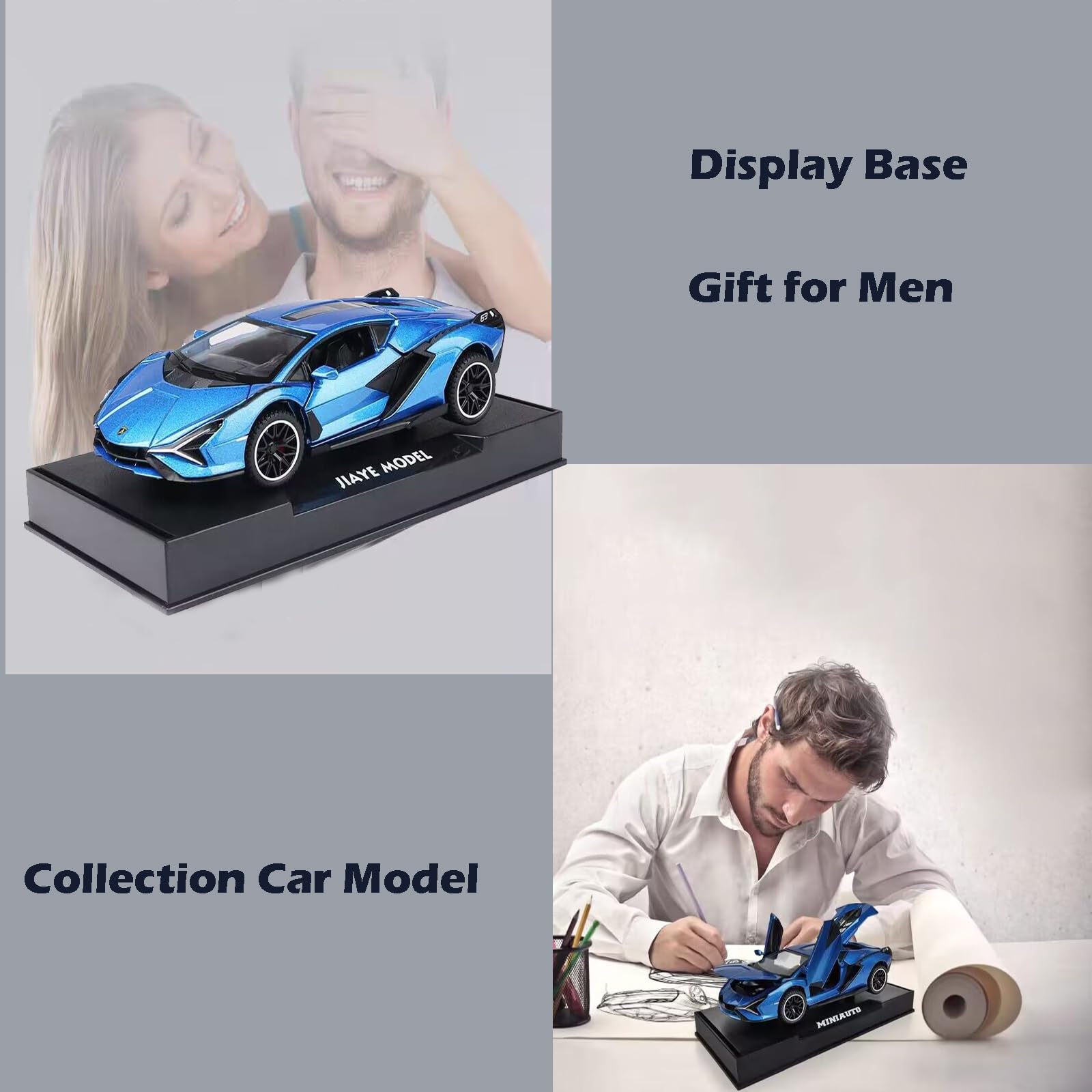 IYEAM Lambo Sian FKP3 blue die-cast car sits on a display base for gifting.