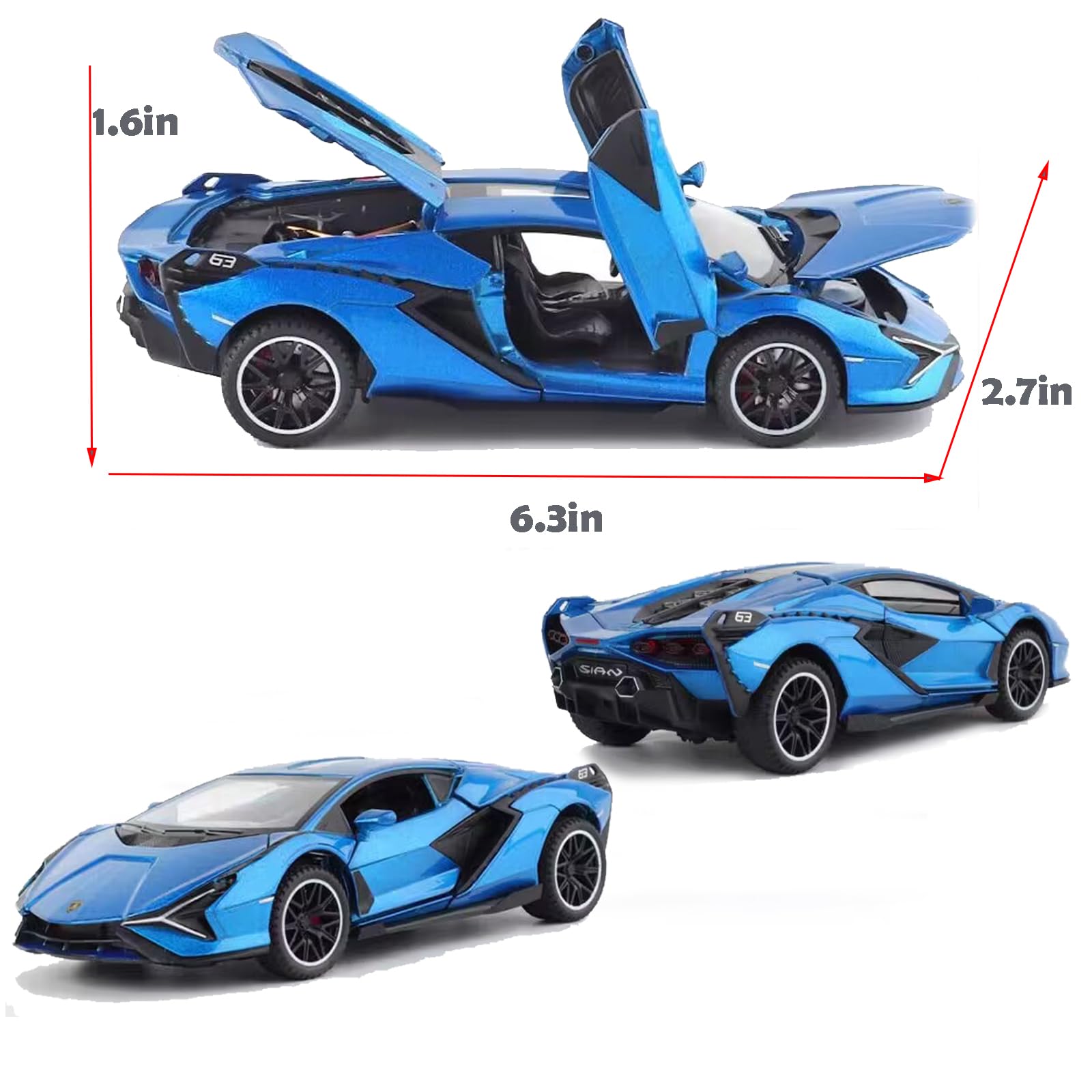 IYEAM Lambo Sian FKP3 blue die-cast car includes click sound effects for action play.