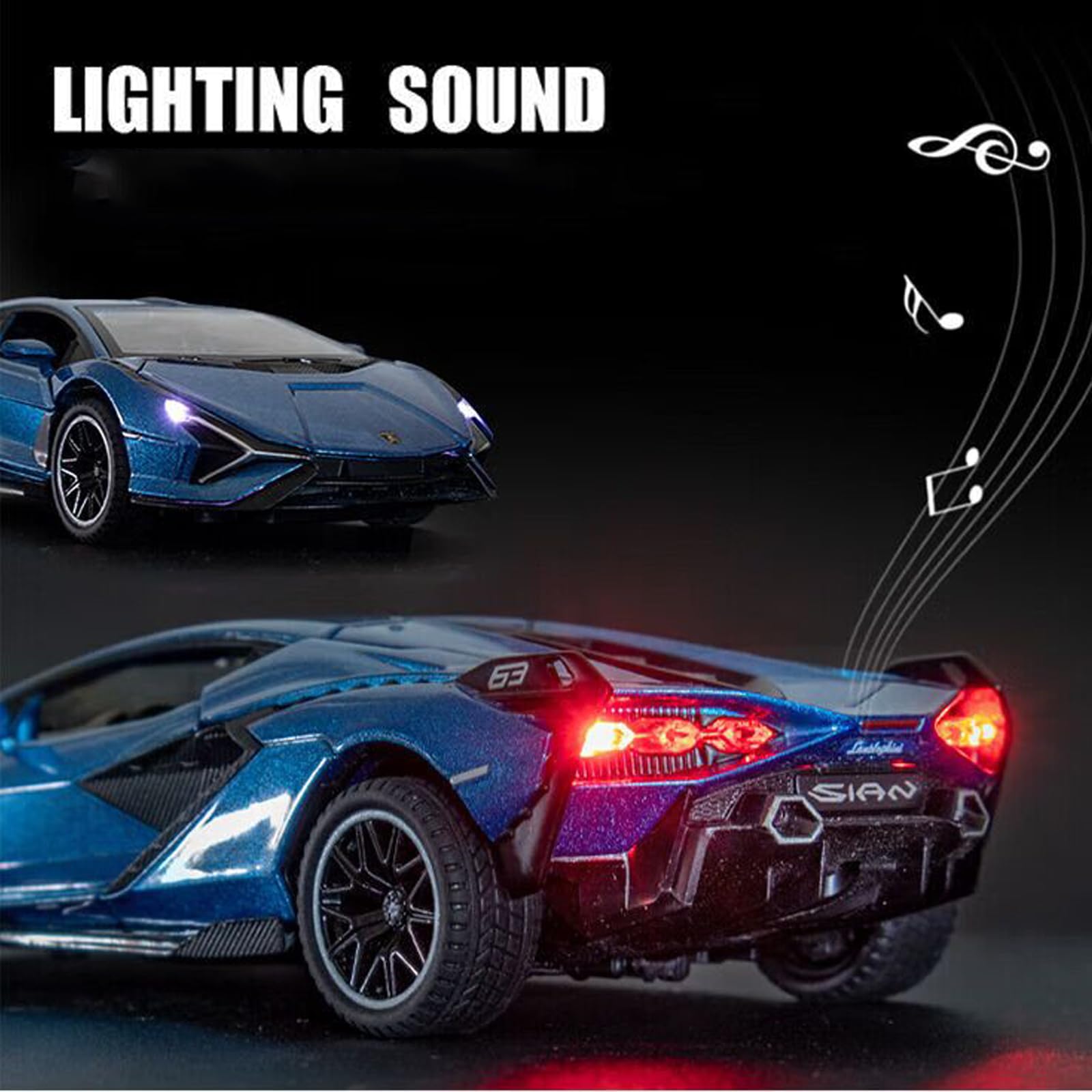IYEAM Lambo Sian FKP3 blue die-cast car from side view for dynamic racing pretend play.