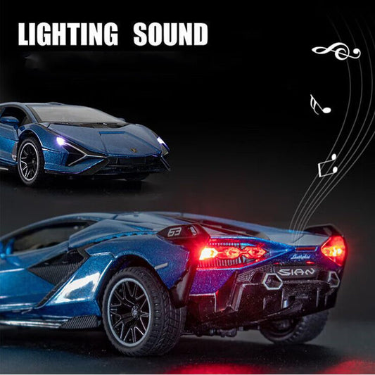 IYEAM Lambo Sian FKP3 blue die-cast car from side view for dynamic racing pretend play.