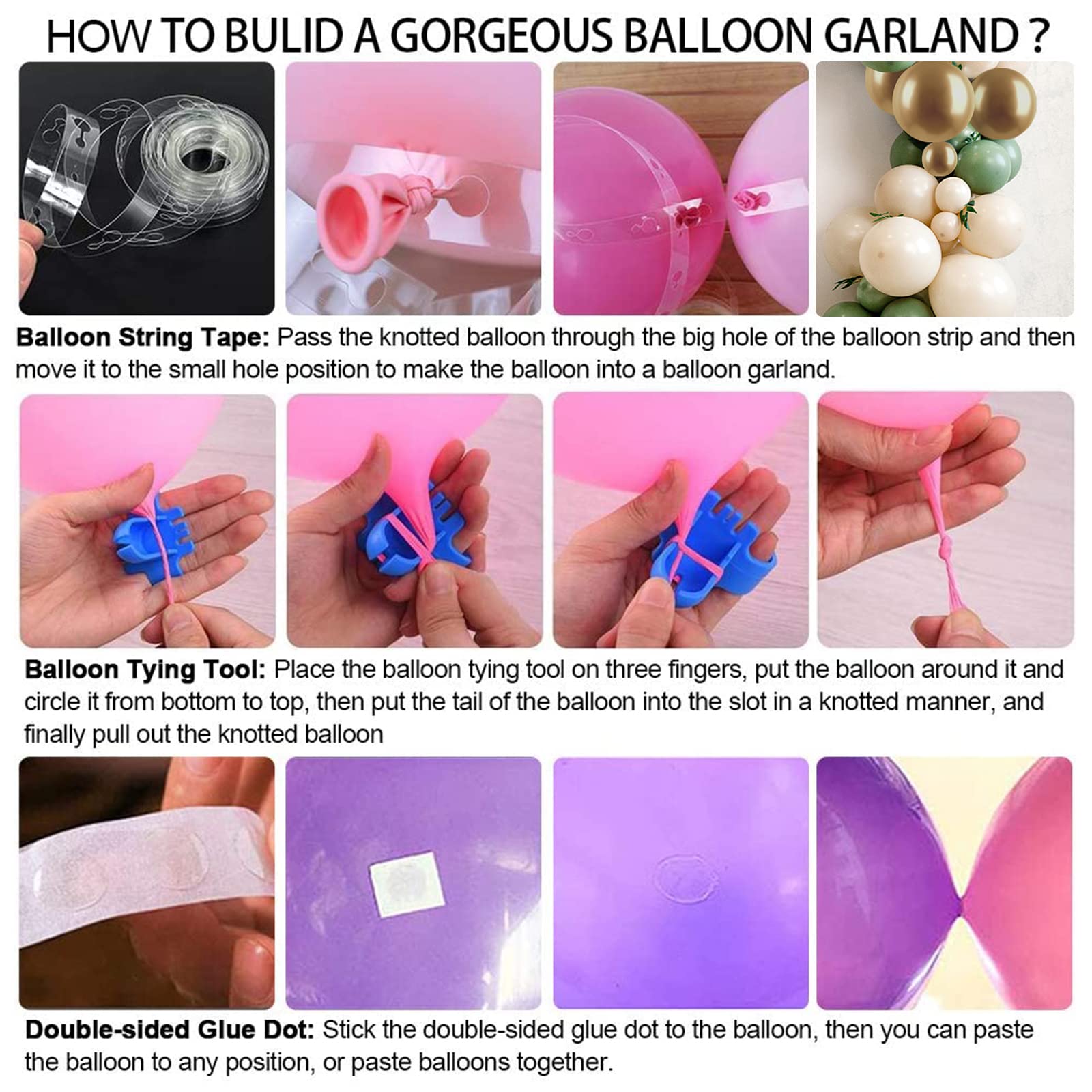 Iyovgoo 3-size balloons enable smooth arch construction and varied textures.