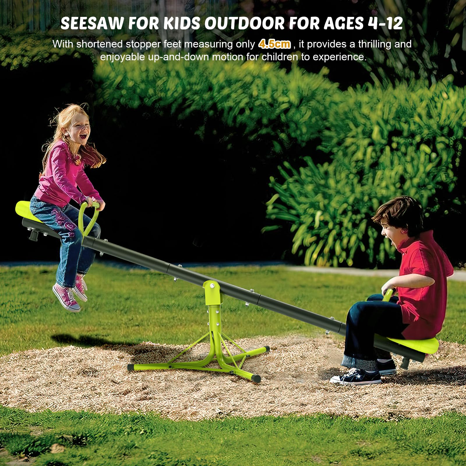 Iyoyo Teeter Totter light-green color adds cheerful outdoor appeal.