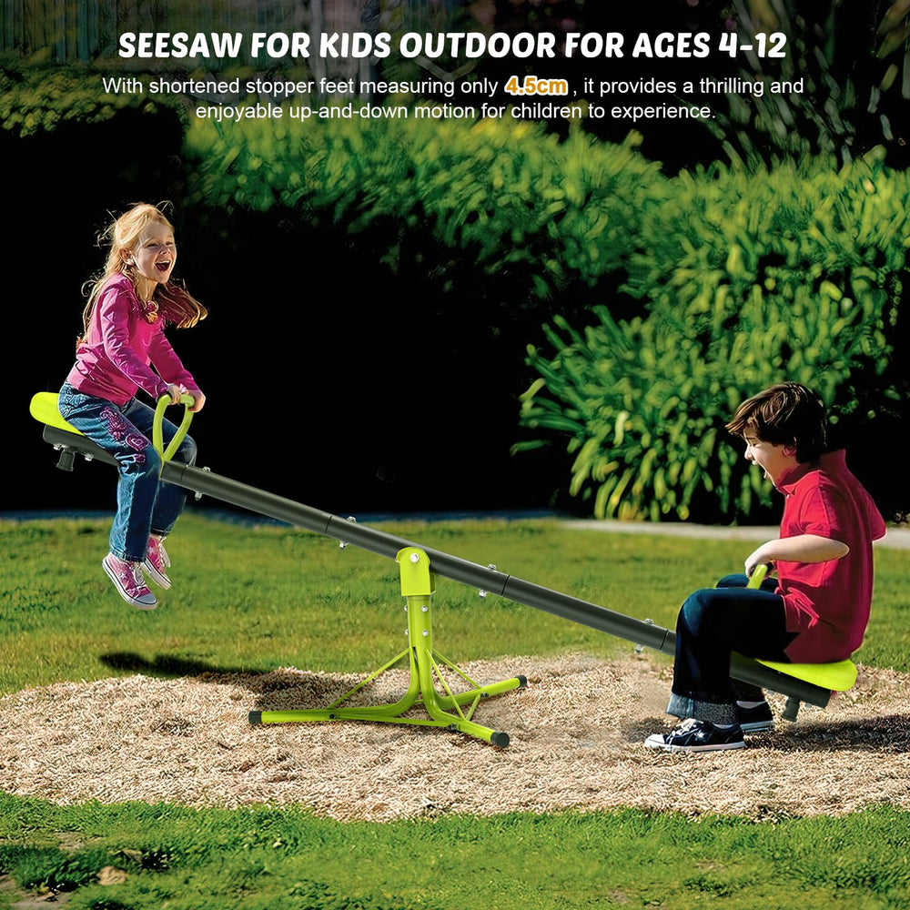 Iyoyo Teeter Totter light-green color adds cheerful outdoor appeal.