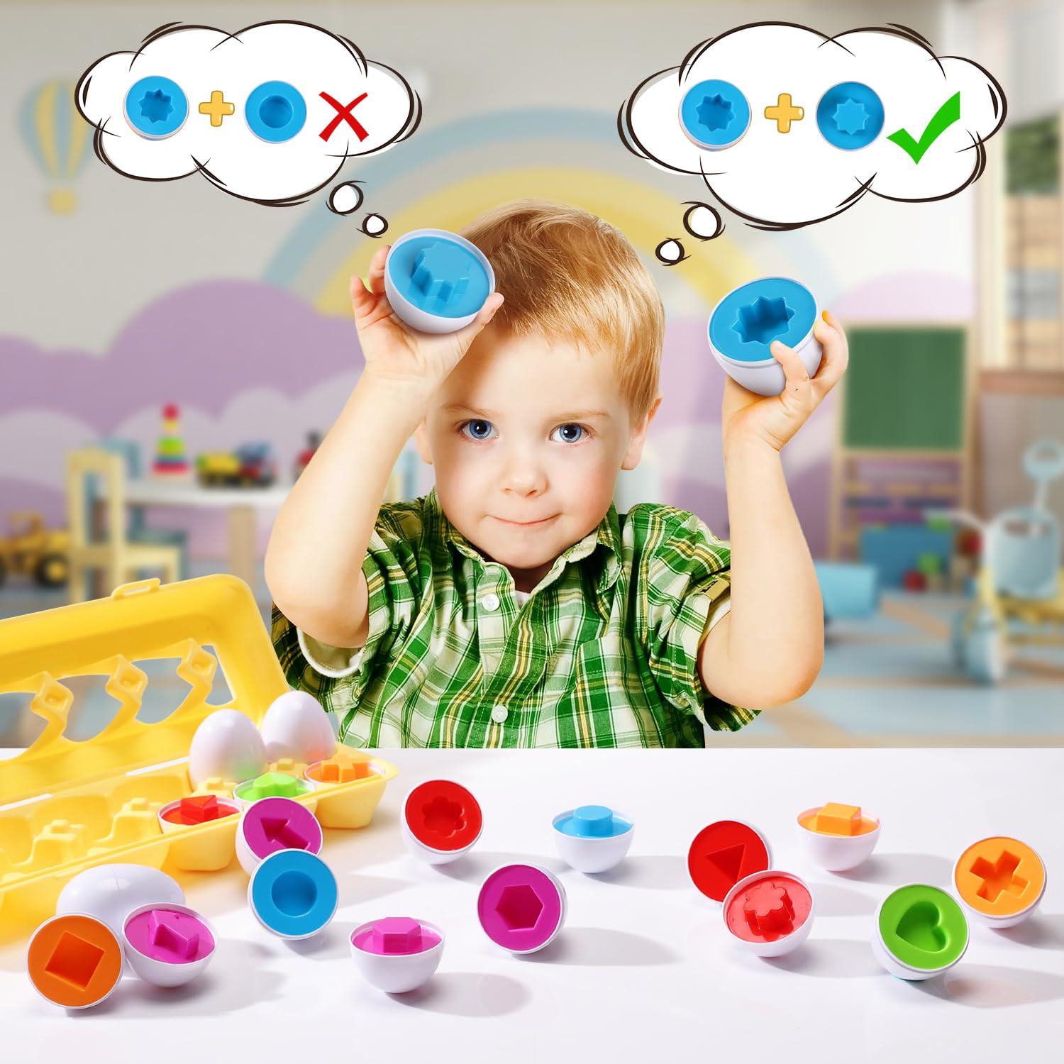 J-hong eggs laid out for sorting encourage fine motor skills during play.