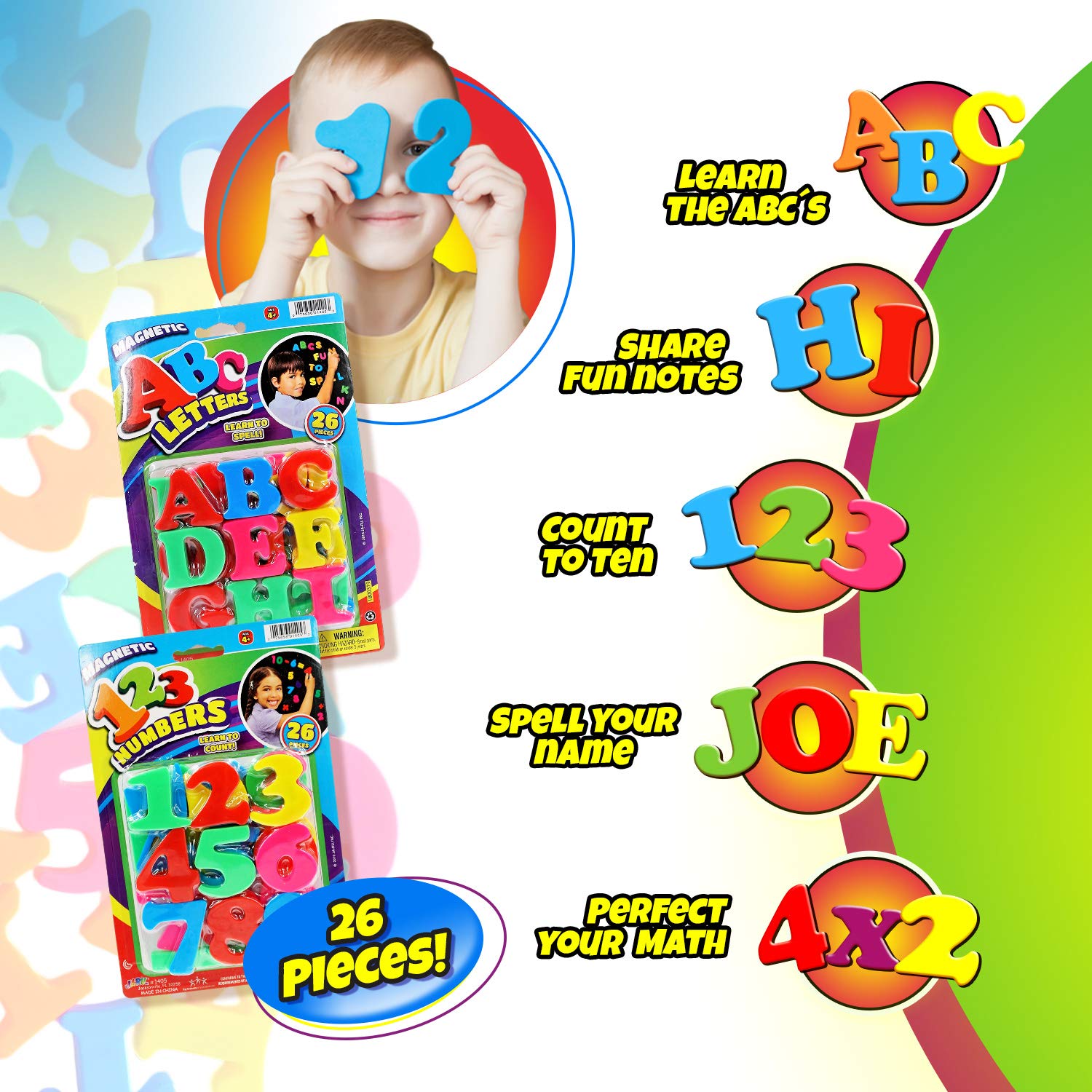 Bright colorful magnets decorate your kitchen fridge while learning.