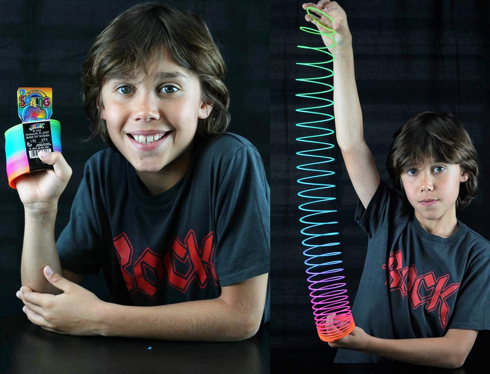 JA-RU rainbow coil toy close-up shows bright multicolor coils and tactile texture