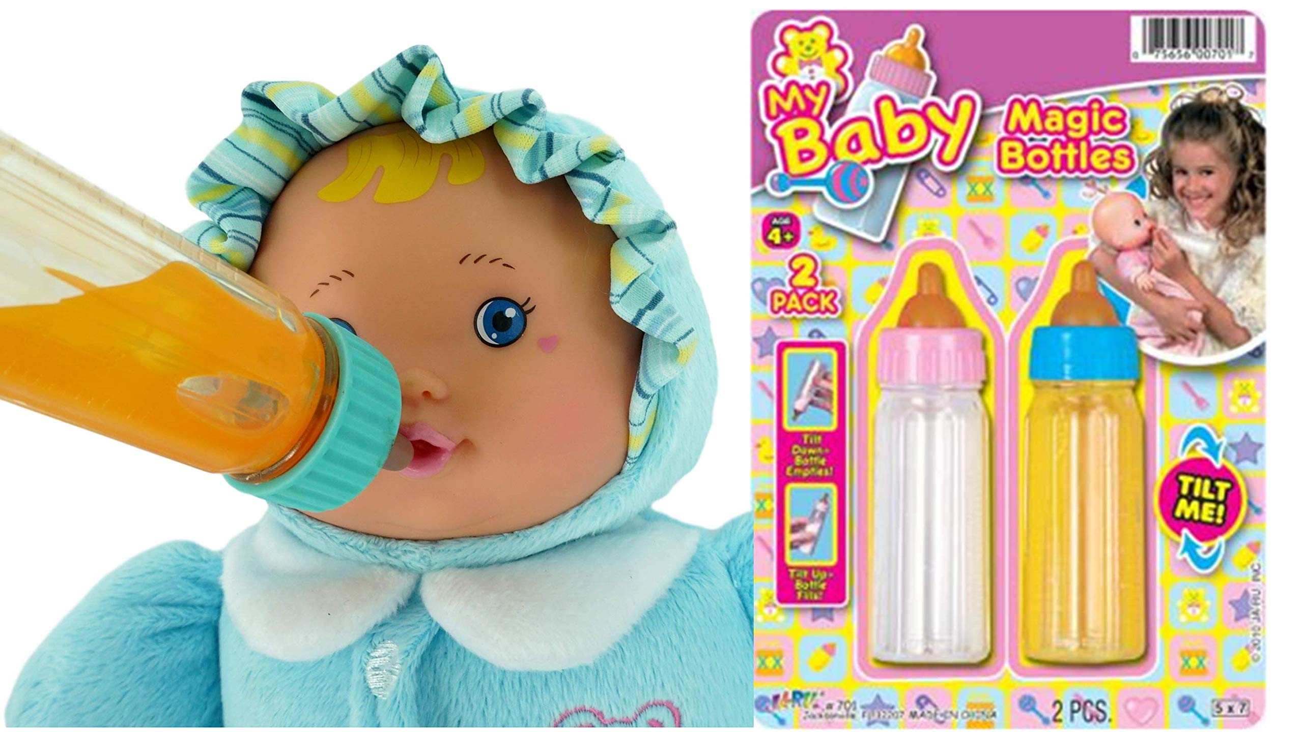JA-RU Magic Baby Doll Bottles juice bottle set encourages role-play and sensory interaction.