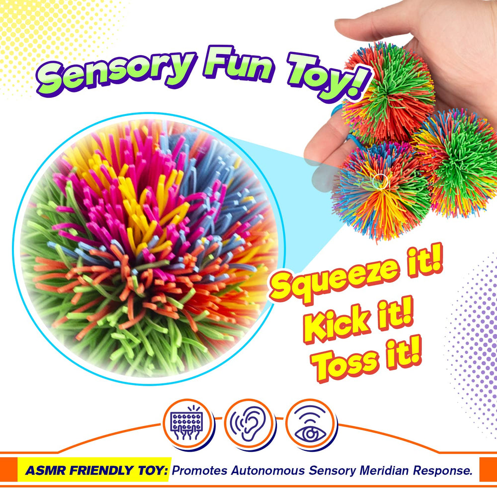 JA-RU rainbow stringy balls closeup highlighting soft, durable rubber.