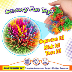 JA-RU rainbow stringy balls closeup highlighting soft, durable rubber.