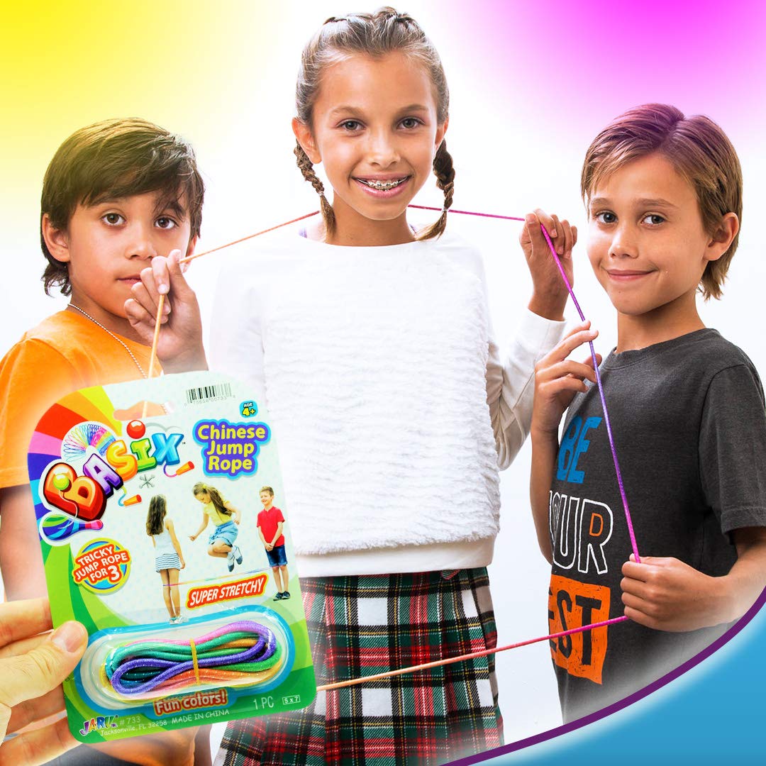 Rainbow JA-RU jump rope showing stretchy bands for group play.