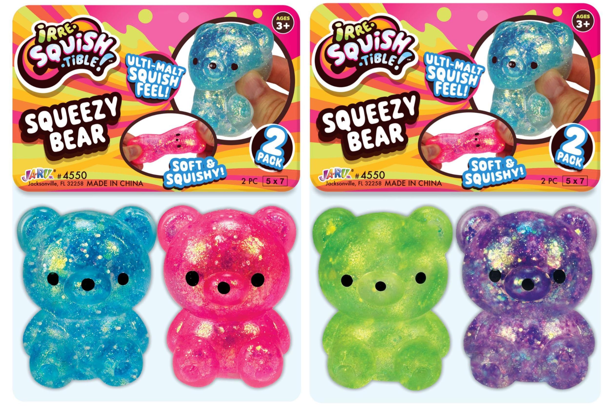 JA-RU Squeezy Bear two-pack front view shows four glittery colors for versatile play