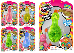 JA-RU Squishy Glitter Ducks four-pack in pink, green, blue, and yellow for calming squish
