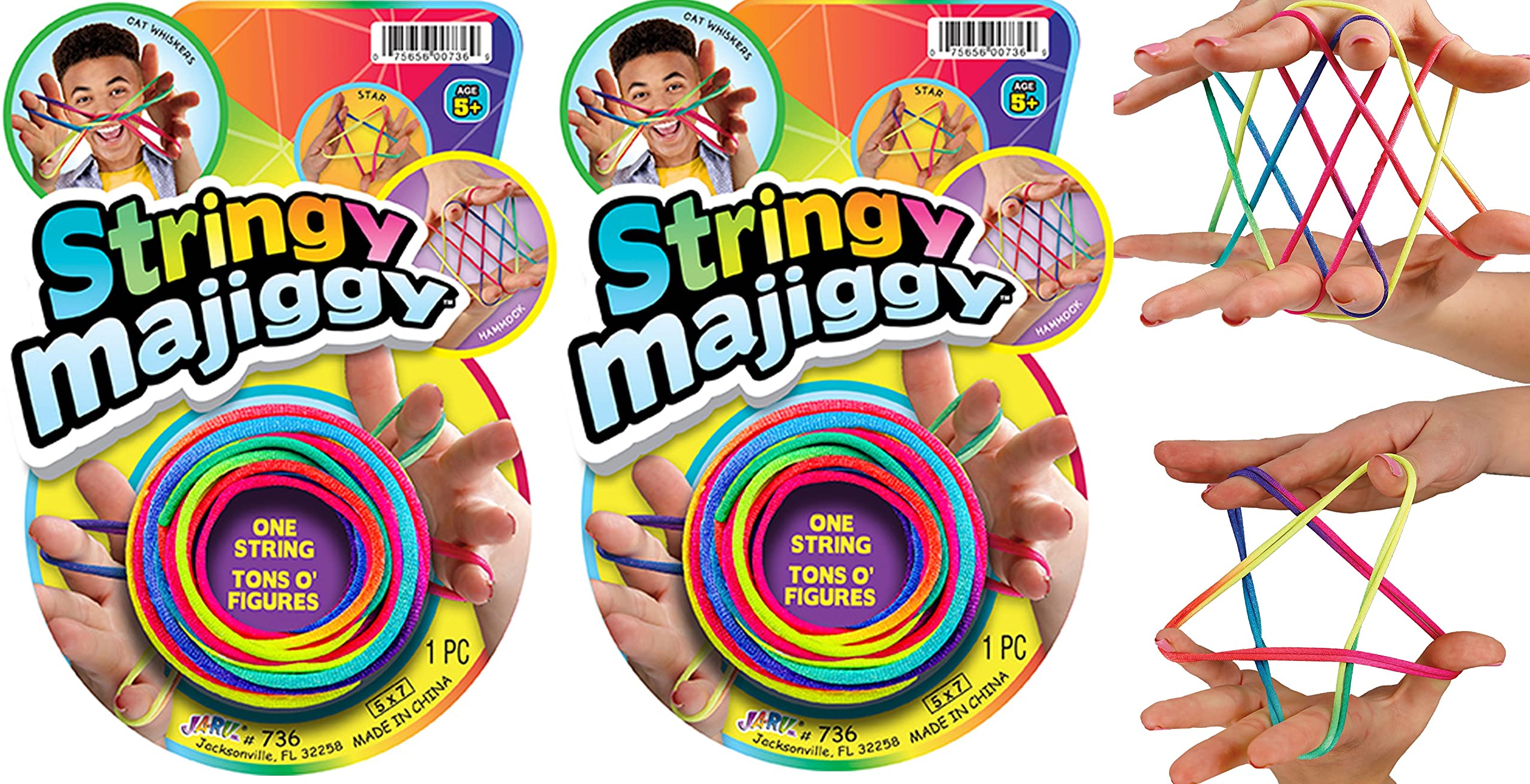 JA-RU Stringy Majiggy Cats Cradle packaging with two rainbow cords for quick play