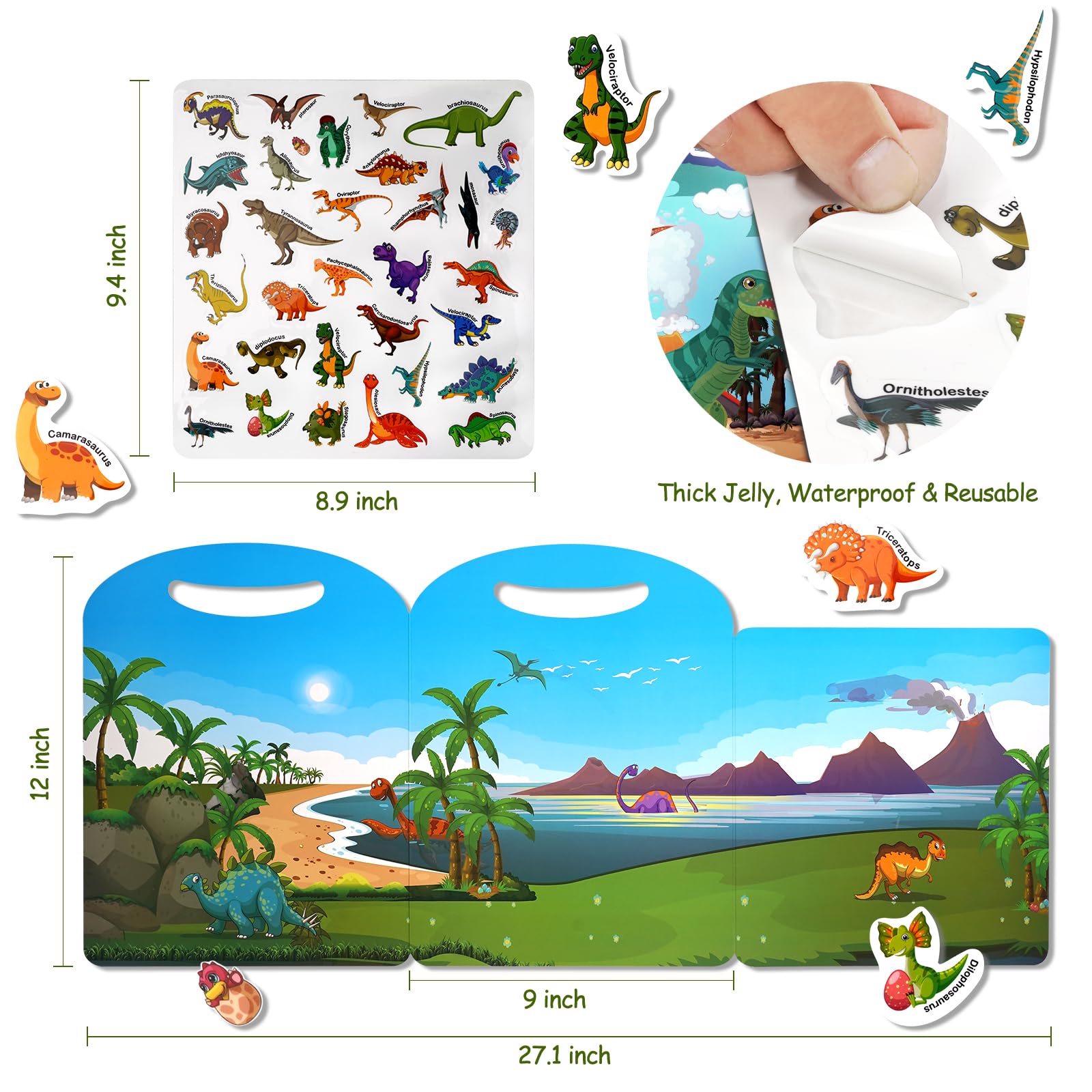 Jactales dinosaur stickers decorating a car window for mess-free travel fun.