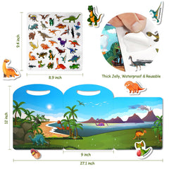 Jactales dinosaur stickers decorating a car window for mess-free travel fun.
