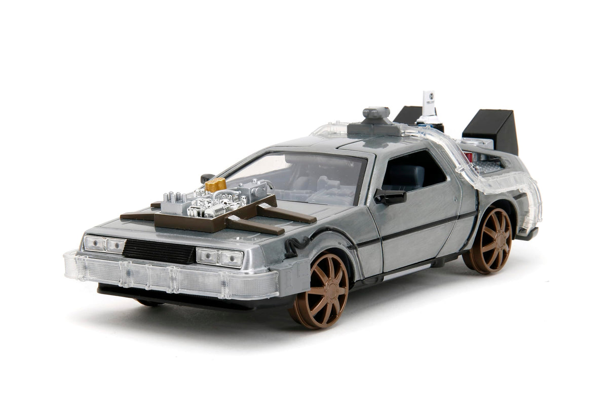 Jada Back to the Future Time Machine with train wheels in 1:24 scale, ideal for display.