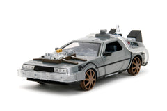 Jada Back to the Future Time Machine with train wheels in 1:24 scale, ideal for display.