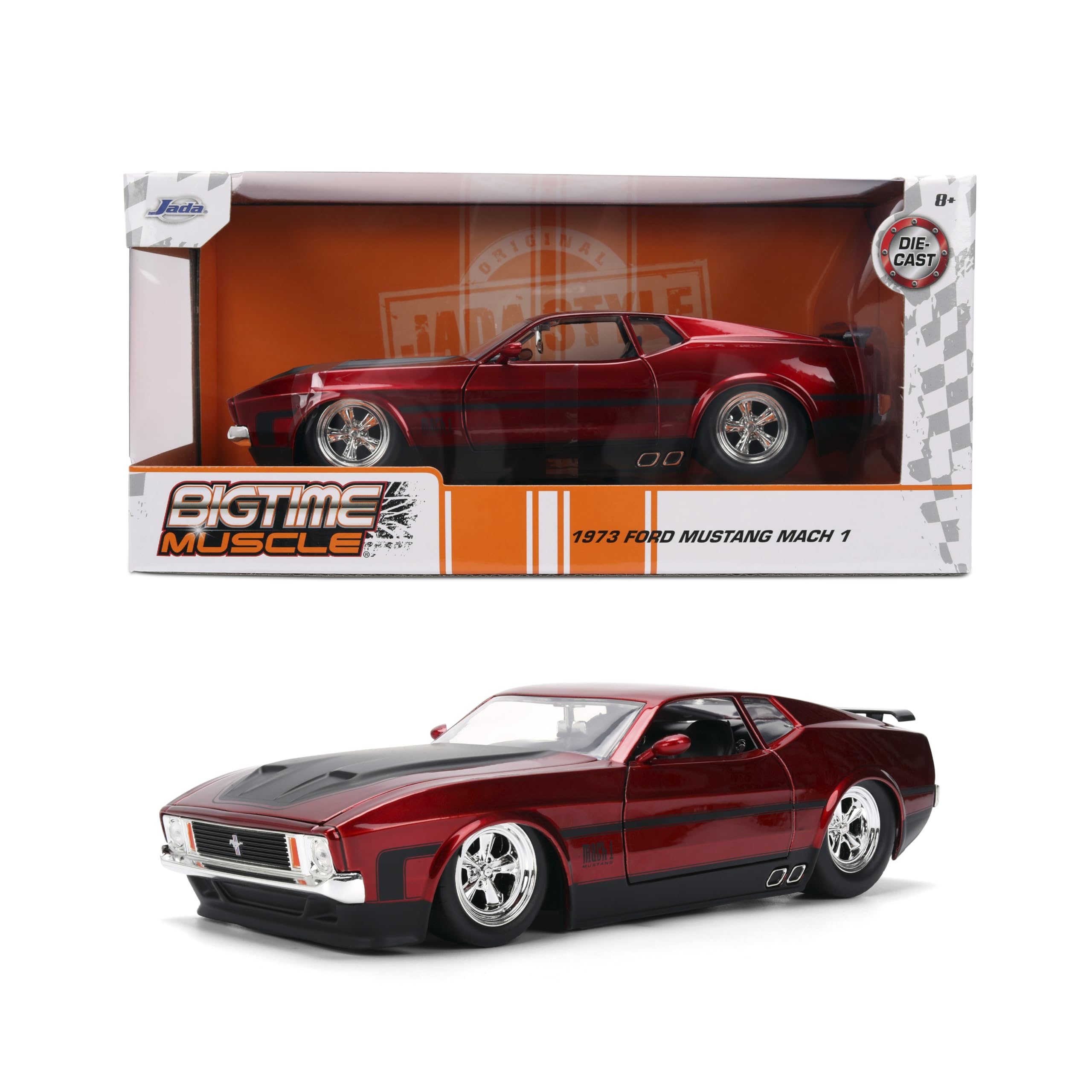 Jada Big Time Muscle Mustang Mach 1 front view in candy red for display.