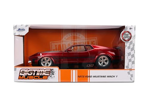 Jada Big Time Muscle Mustang Mach 1 side profile in candy red for shelf display.