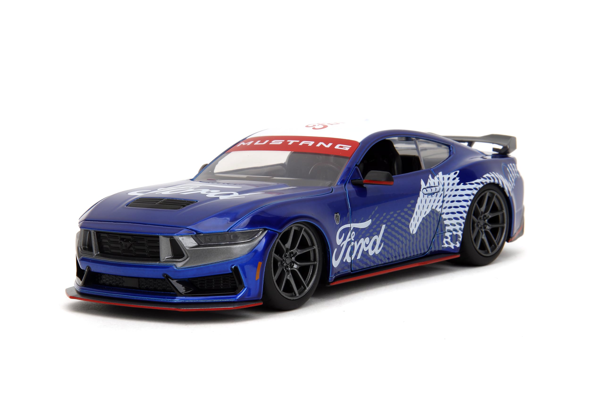 Jada Bigtime Muscle Mustang GT Dark Horse with opened hood for realistic display.