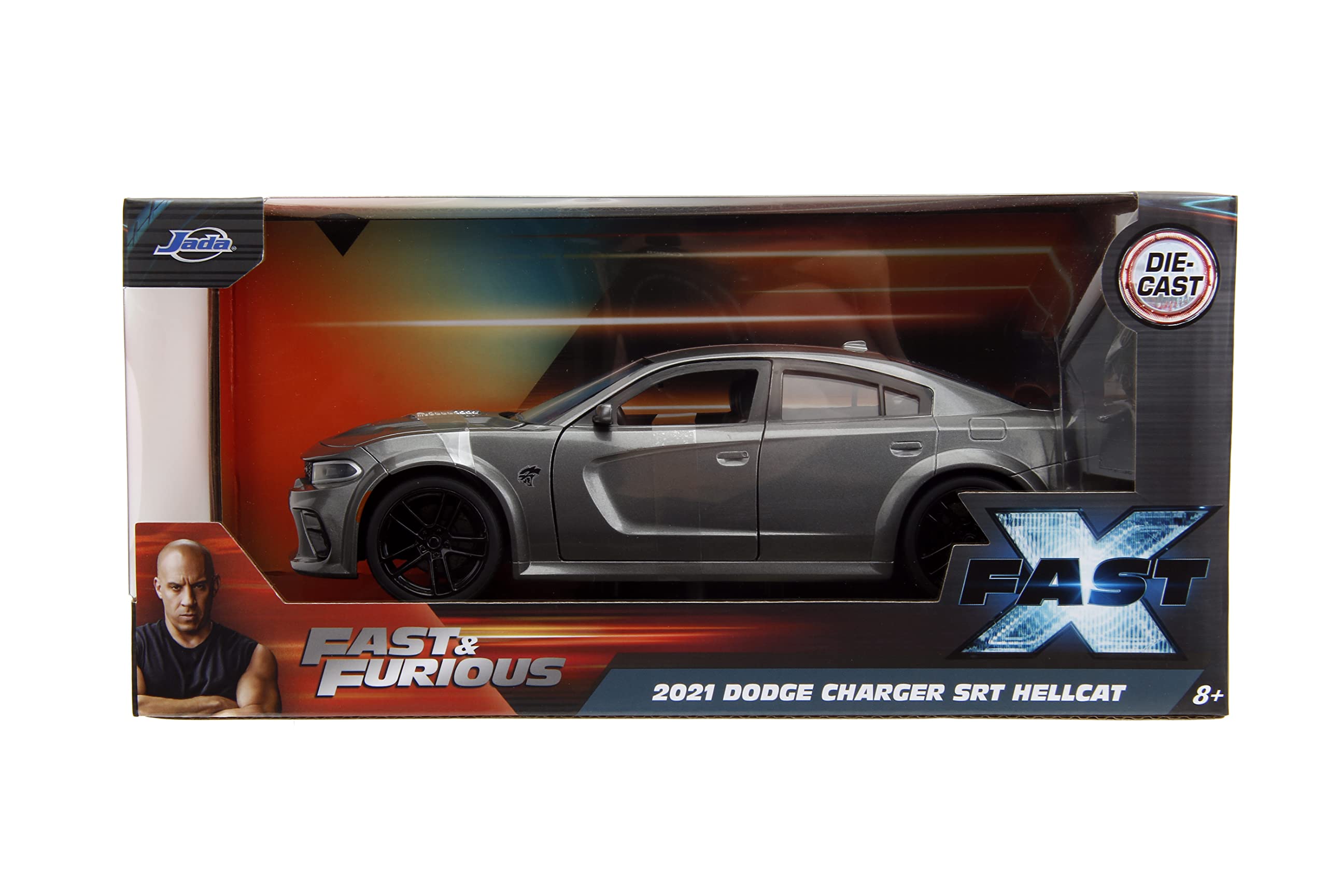 Jada Dom's Charger die-cast with open hood showing engine details for collectors