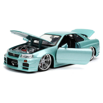 Brian's Skyline GT-R R34 opening hood reveals authentic engine details.
