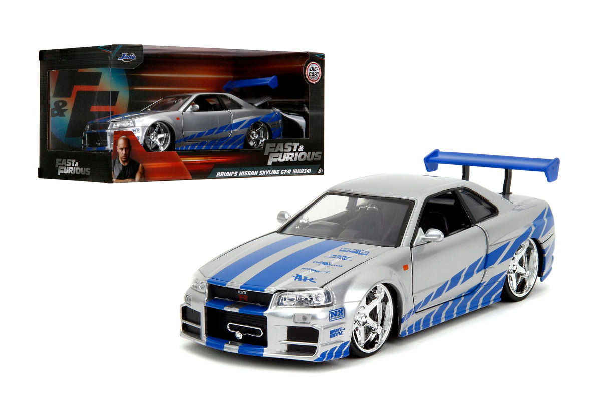 Jada Brian’s Nissan Skyline R34 front view shows licensed Fast & Furious styling for display.