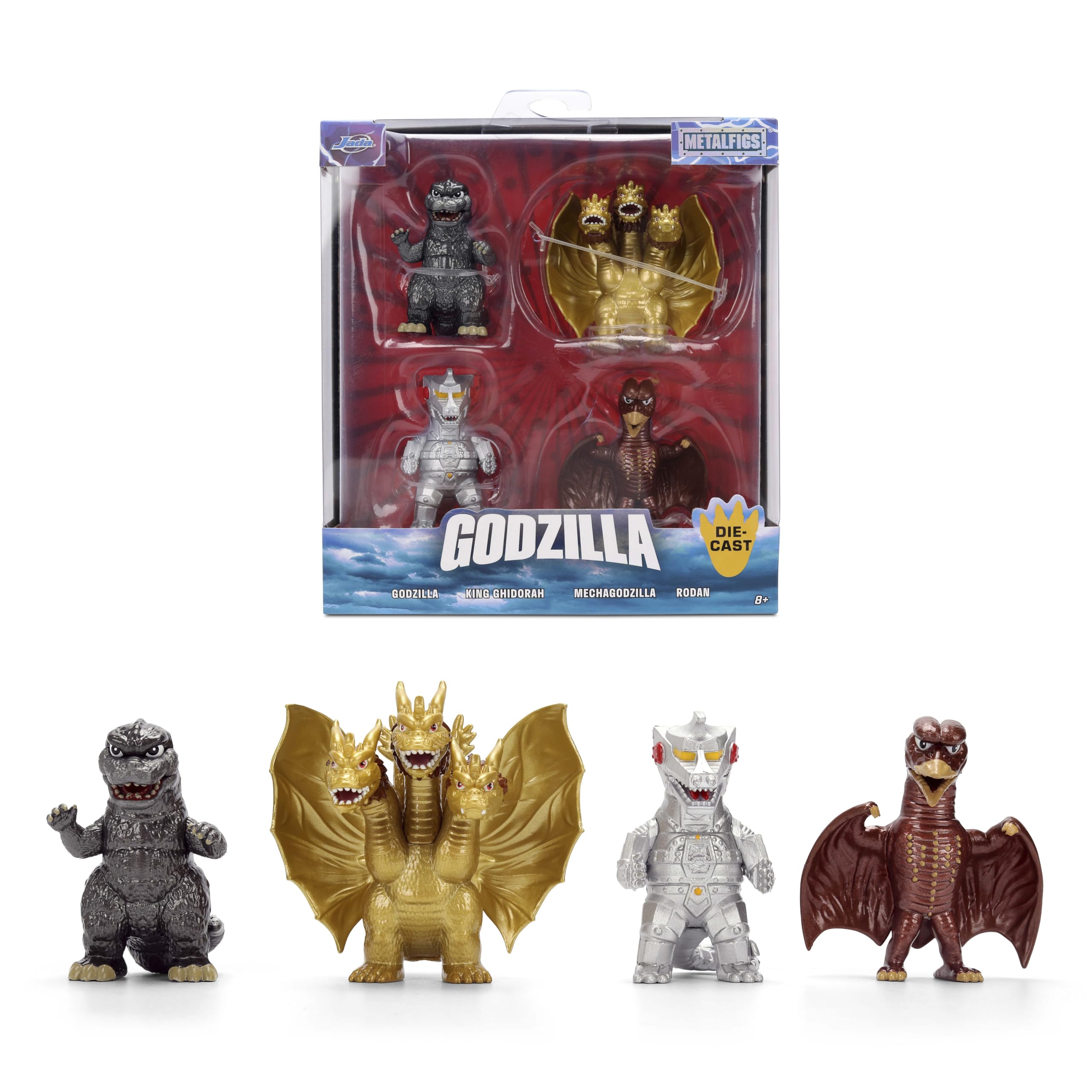Jada Godzilla Metalfigs 4-Pack front view shows durable die-cast display piece